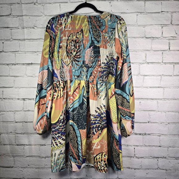 WOMENS COTTON BLEU BOHO MIDI DRESS PEASANT SLEEVES PRINT GATHERED BODICE SIZE SM - Picture 2 of 8